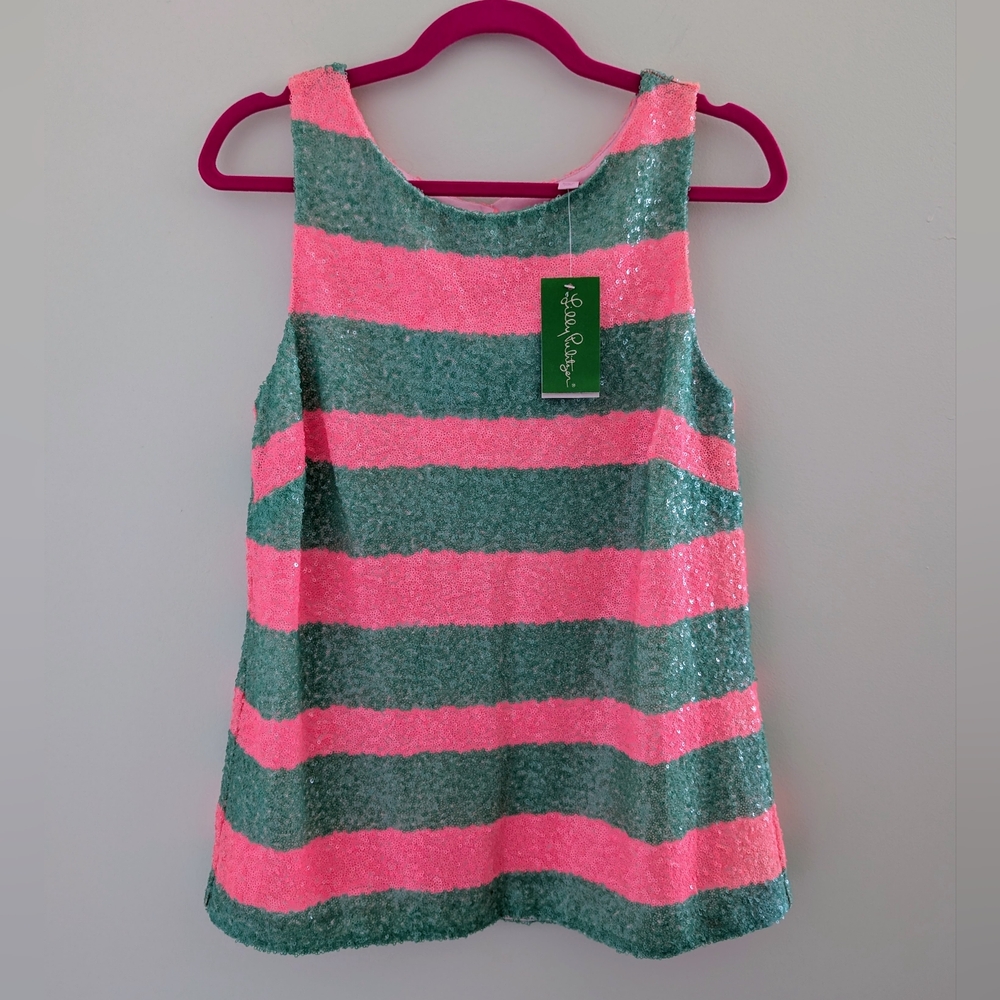LILLY PULITZER Regina Sequin Tank Top Confetti Hot Pink Green Stripes SMALL NWT